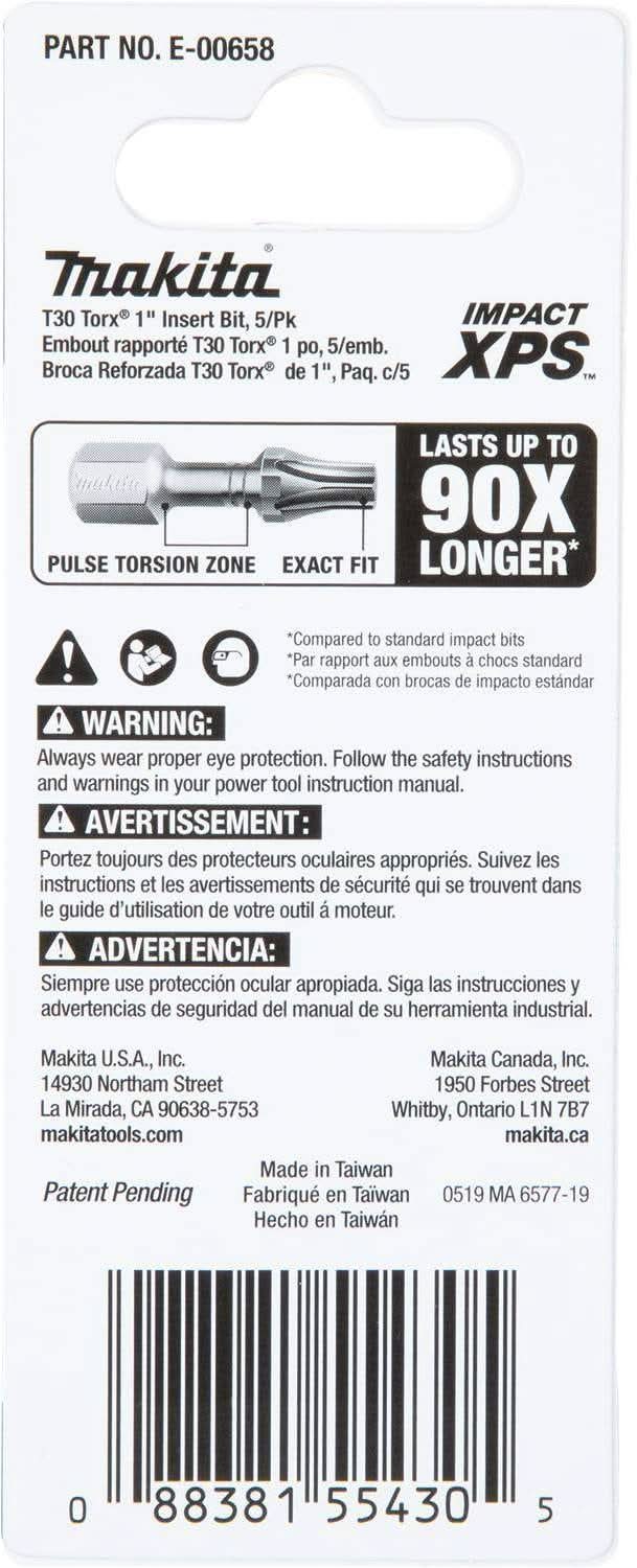 Makita E-00658 Impact XPS T30 Torx 1" Insert Bit, 5/pk - Image 3