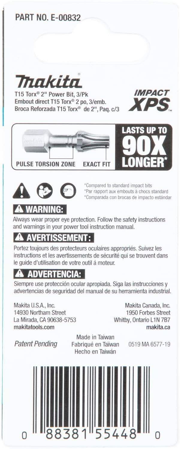 Makita E-00832 Impact XPS T15 Torx 2" Power Bit, 3/pk - Image 3