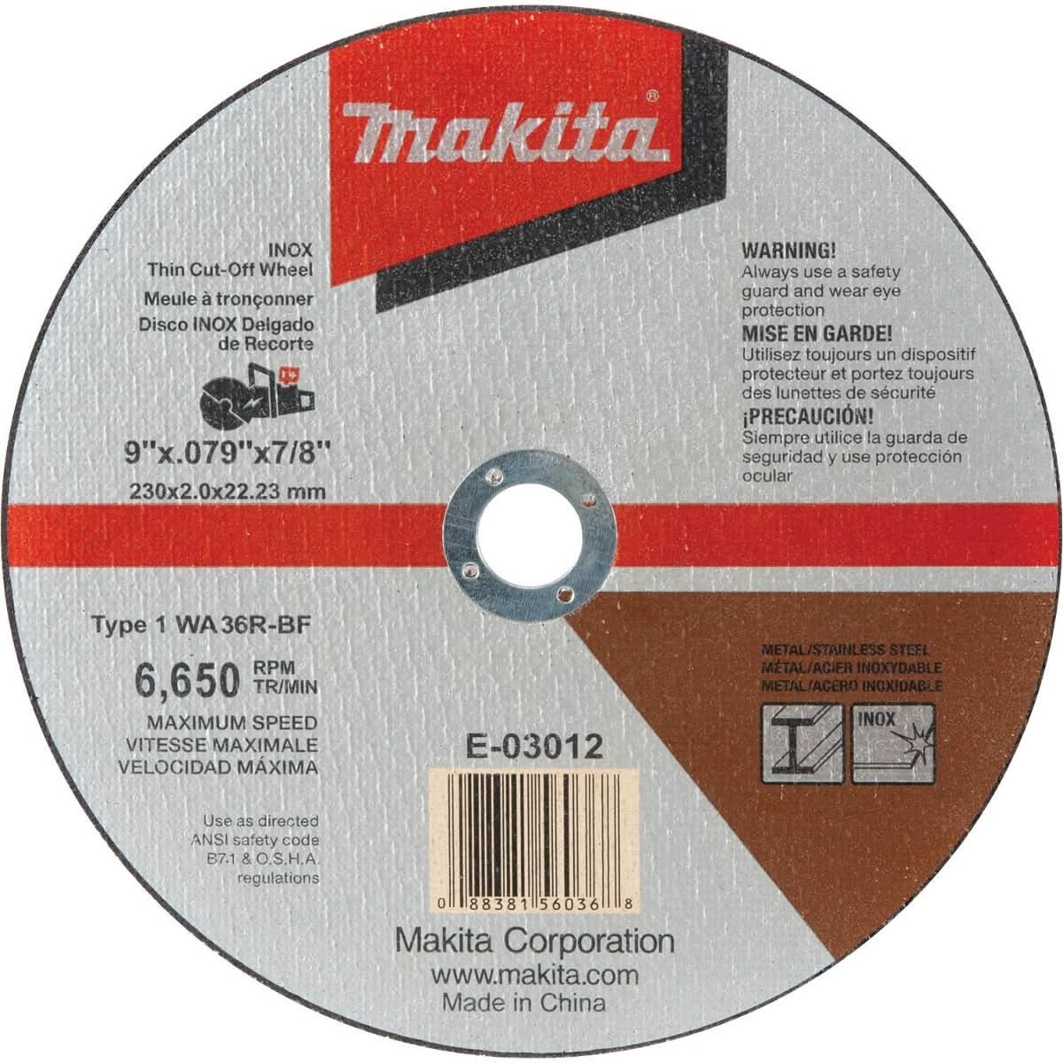 Makita E-03012 9" x .079" x 7/8" INOX Thin Cut-Off Wheel, 36 Grit - Image 1