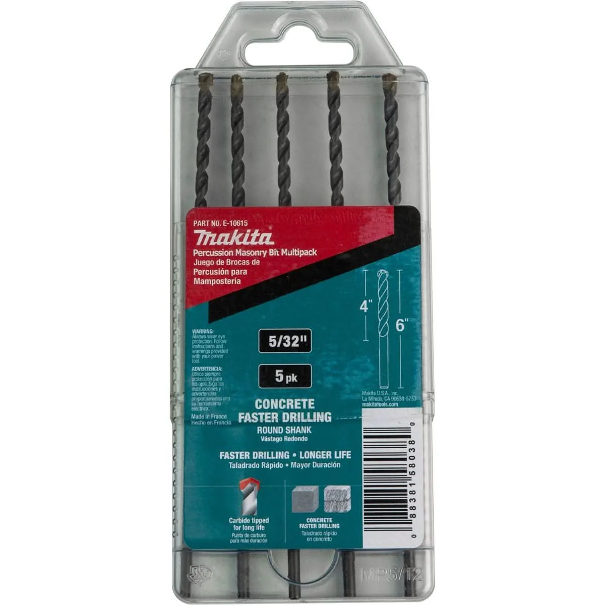 Makita E-10615 5/32" x 6" Carbide Tipped Percussion Masonry Hammer Drill Bits, 5/pk - Image 3