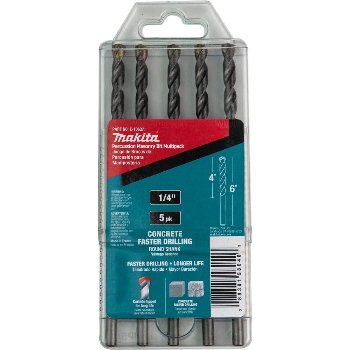 Makita E-10637 1/4" x 6" Carbide Tipped Percussion Masonry Hammer Drill Bits, 5/pk - Image 3