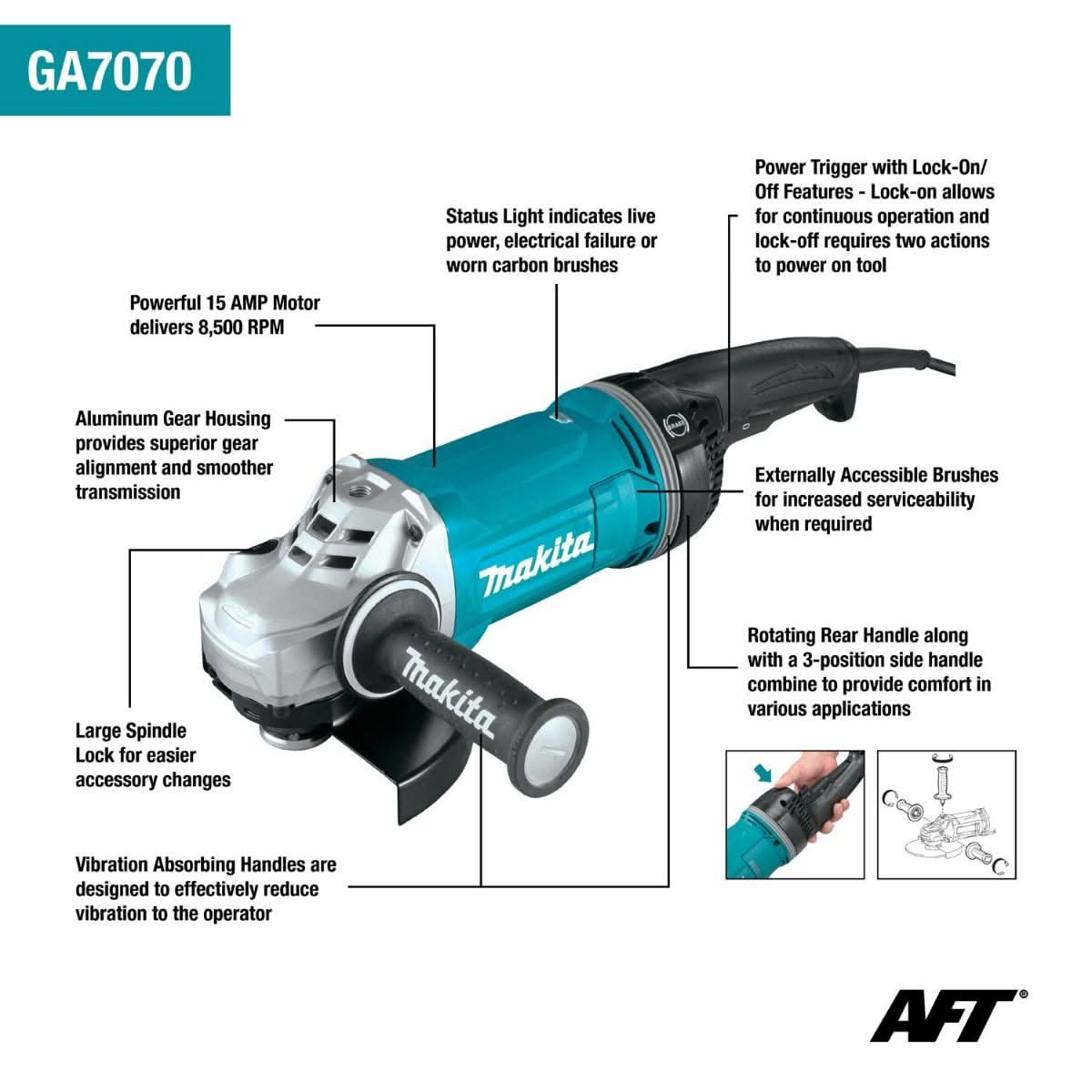 Makita GA7070X1 Corded 7" Angle Grinder, with AFT and Brake - Image 2
