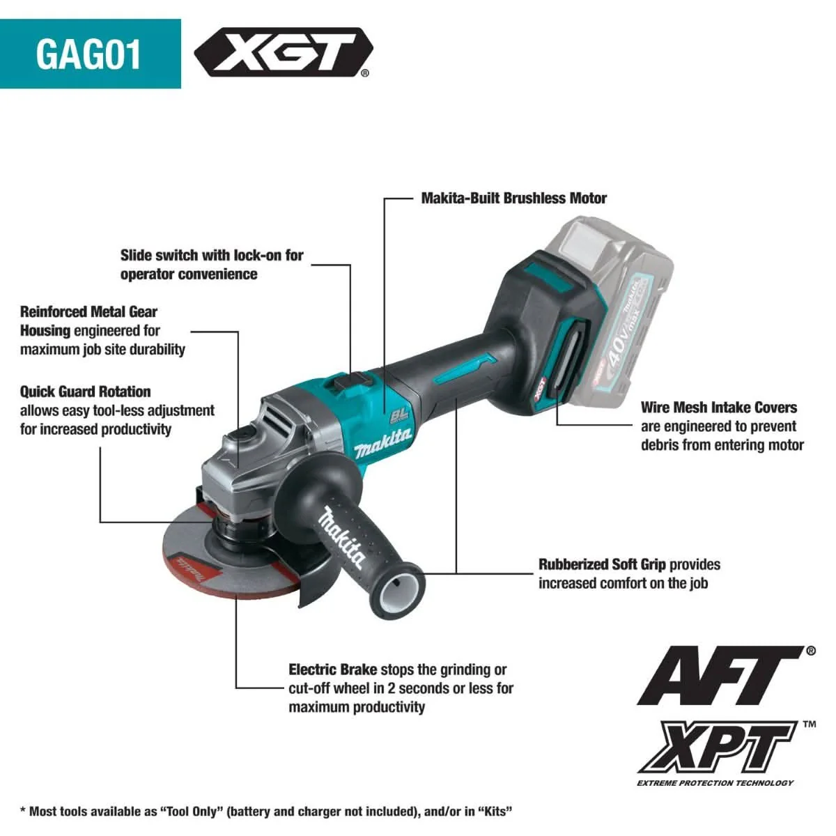 Makita GAG01Z 40V max XGT Brushless Cordless 4-1/2"Â / 5" Angle Grinder, with Electric Brake, Tool Only - Image 2