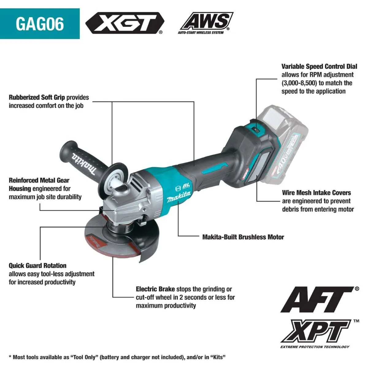 Makita GAG06Z 40V max XGT Brushless Cordless 4-1/2"Â / 5" Paddle Switch Angle Grinder, with Electric Brake, AWS Capable, Tool Only - Image 2