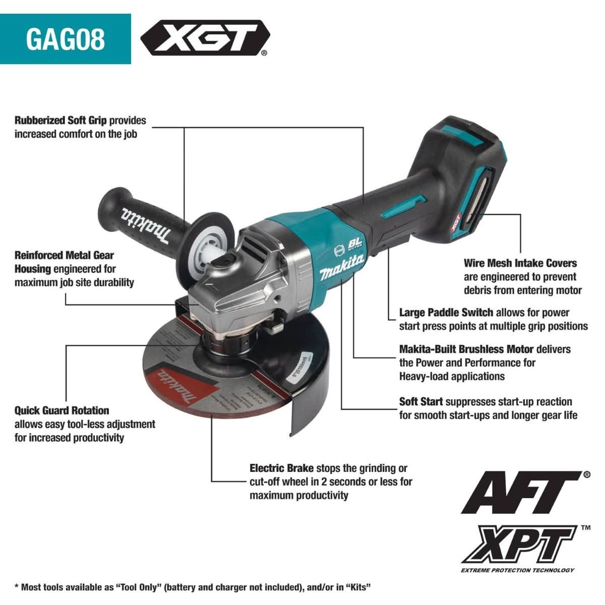 Makita GAG08Z 40V max XGT Brushless Cordless 6" Paddle Switch Angle Grinder, with Electric Brake, Tool Only - Image 2