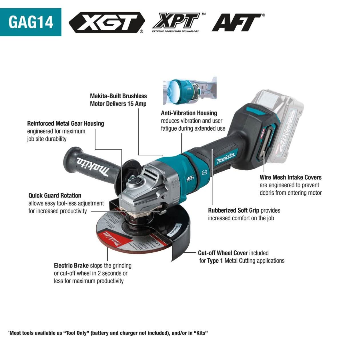 Makita GAG14M1 40V max XGT Brushless Cordless 4-1/2"Â / 6" Paddle Switch Angle Grinder Kit, with Electric Brake (4.0Ah) - Image 3