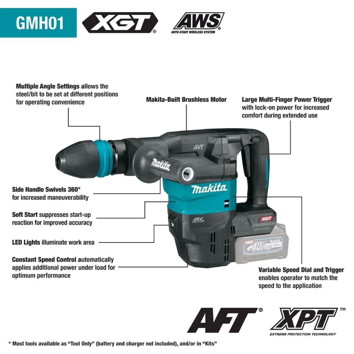 Makita GMH01M1 40V max XGT Brushless Cordless 15 lb. SDS-MAX AVT Demolition Hammer Kit, AWS Capable (4.0Ah) - Image 3