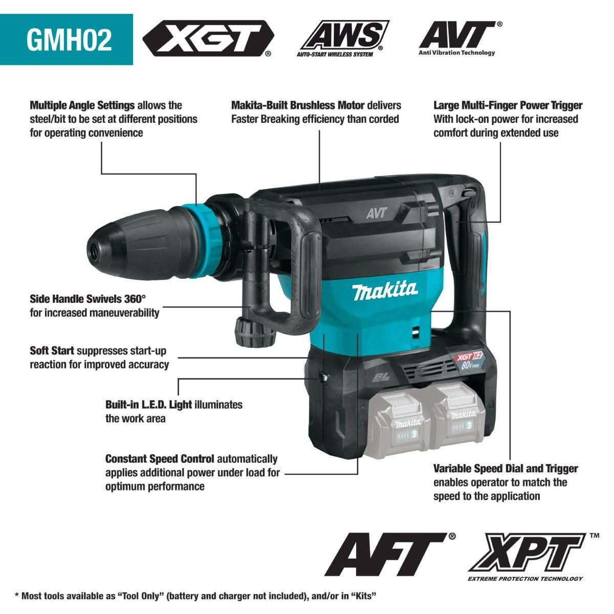 Makita GMH02Z 80V max (40V max X2) XGT Brushless 28 lb. SDS- MAX AVT Demolition Hammer, AWS Capable, Tool Only - Image 2