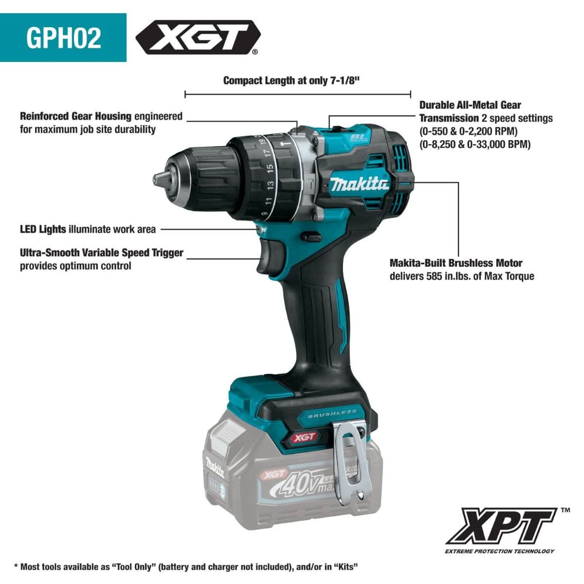 Makita GPH02Z 40V max XGT Compact Brushless Cordless 1/2" Hammer Driver-Drill, Tool Only - Image 2