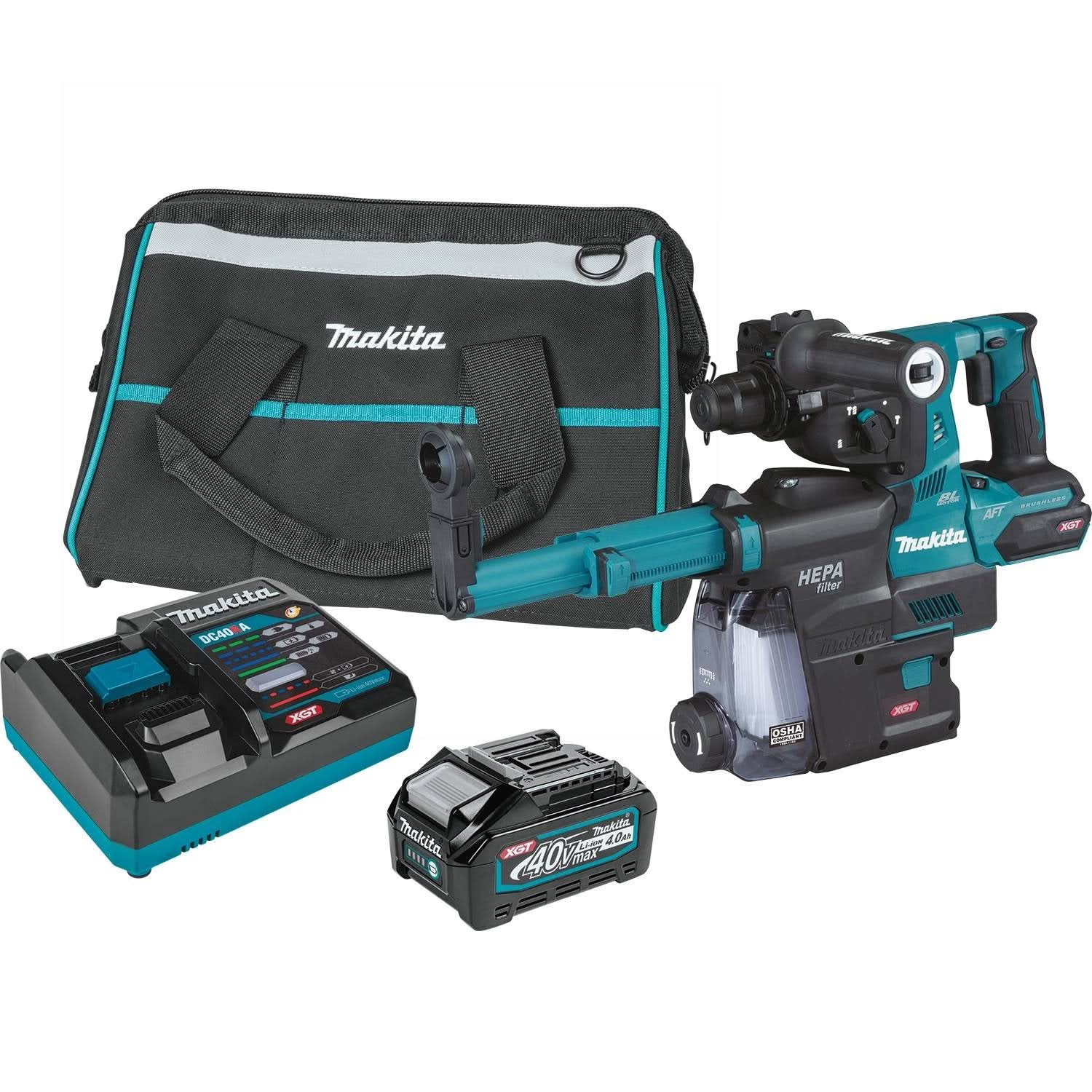 Makita GRH01M1W 40V max XGT Brushless Cordless 1-1/8″ SDS-PLUS AVT Rotary Hammer Kit w/ Dust Extractor, AFT, AWS Capable (4.0Ah)