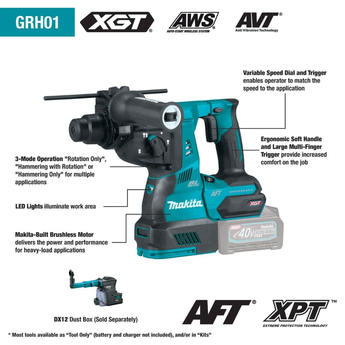 Makita GRH01Z 40V max XGT Brushless Cordless 1-1/8" SDS-PLUS AVT Rotary Hammer, AFT, AWS Capable, Tool Only - Image 2