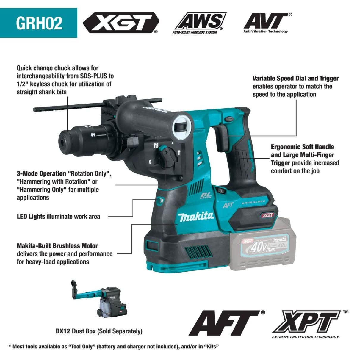 Makita GRH02Z 40V max XGT Brushless Cordless 1-1/8" SDS-PLUS AVT Rotary Hammer, with Interchangeable Chuck, AWS Capable, Tool Only - Image 2