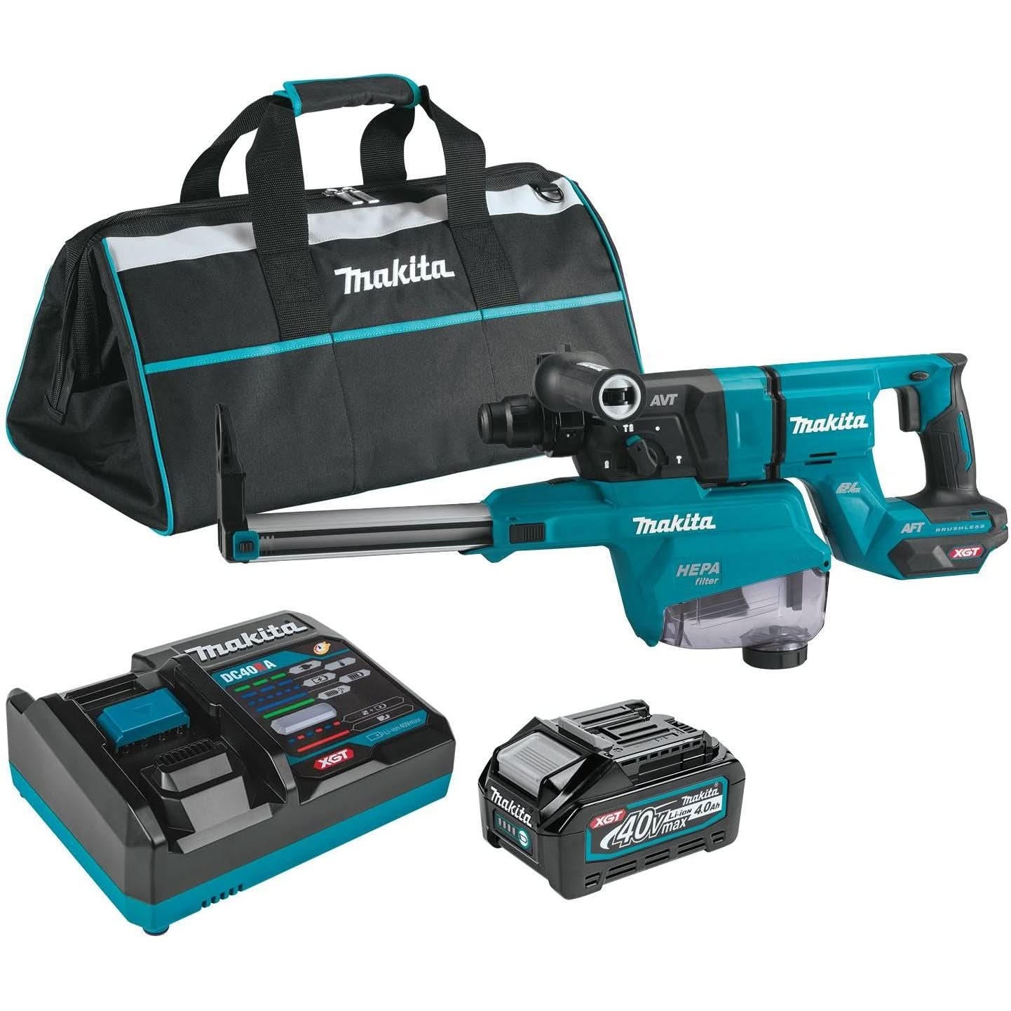 Makita GRH07M1W 40V max XGT Brushless 1-1/8″ SDS-PLUS AVT Rotary Hammer (D-Handle) Kit w/ Dust Extractor, AFT, AWS Capable (4.0Ah)