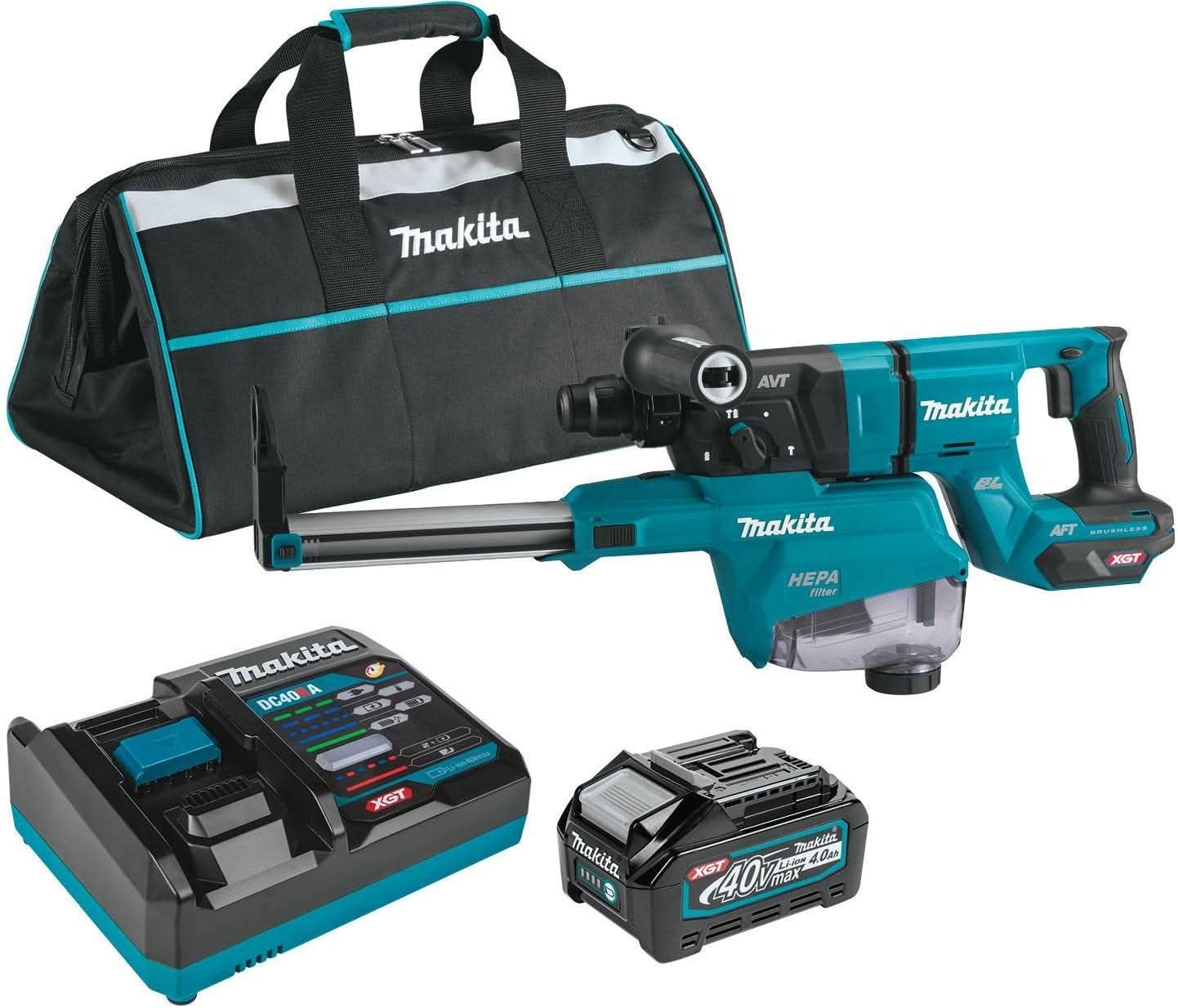 Makita 40V max XGT Brushless Cordless 1-1/8 in. AVT Rotary Hammer (D-Handle) 4.0Ah Kit w/Dust Extractor, and 5" X-LOCK Paddle Switch Angle Grinder (Bare Tool) - Image 2