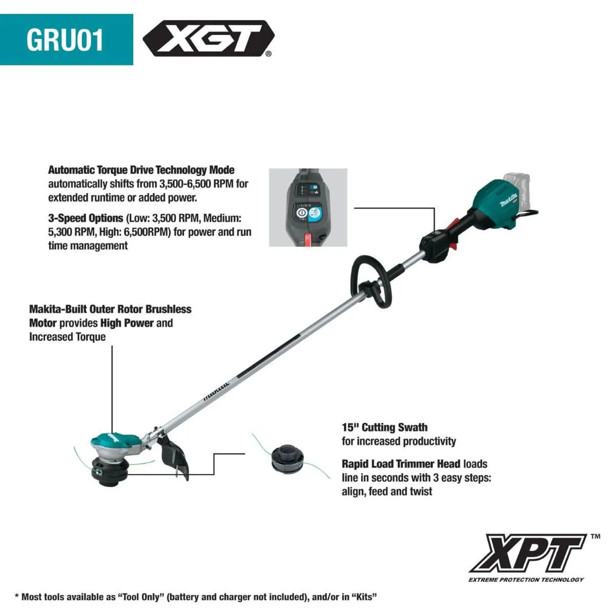 Makita GRU01Z 40V max XGT Brushless Cordless 15" String Trimmer, Tool Only - Image 2