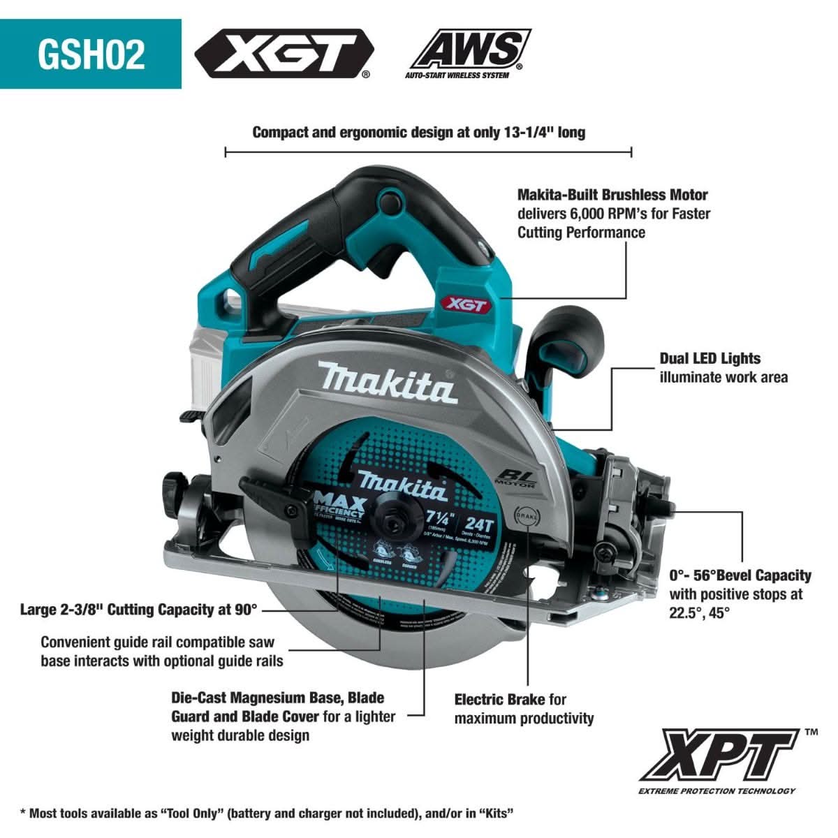 Makita GSH02Z 40V max XGT Brushless Cordless 7-1/4" Circular Saw with Guide Rail Compatible Base, AWS Capable, Tool Only - Image 2