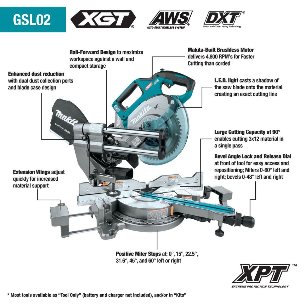 Makita GSL02Z 40V max XGT Brushless Cordless 8-1/2" Dual-Bevel Sliding Compound Miter Saw, AWS Capable, Tool Only - Image 2
