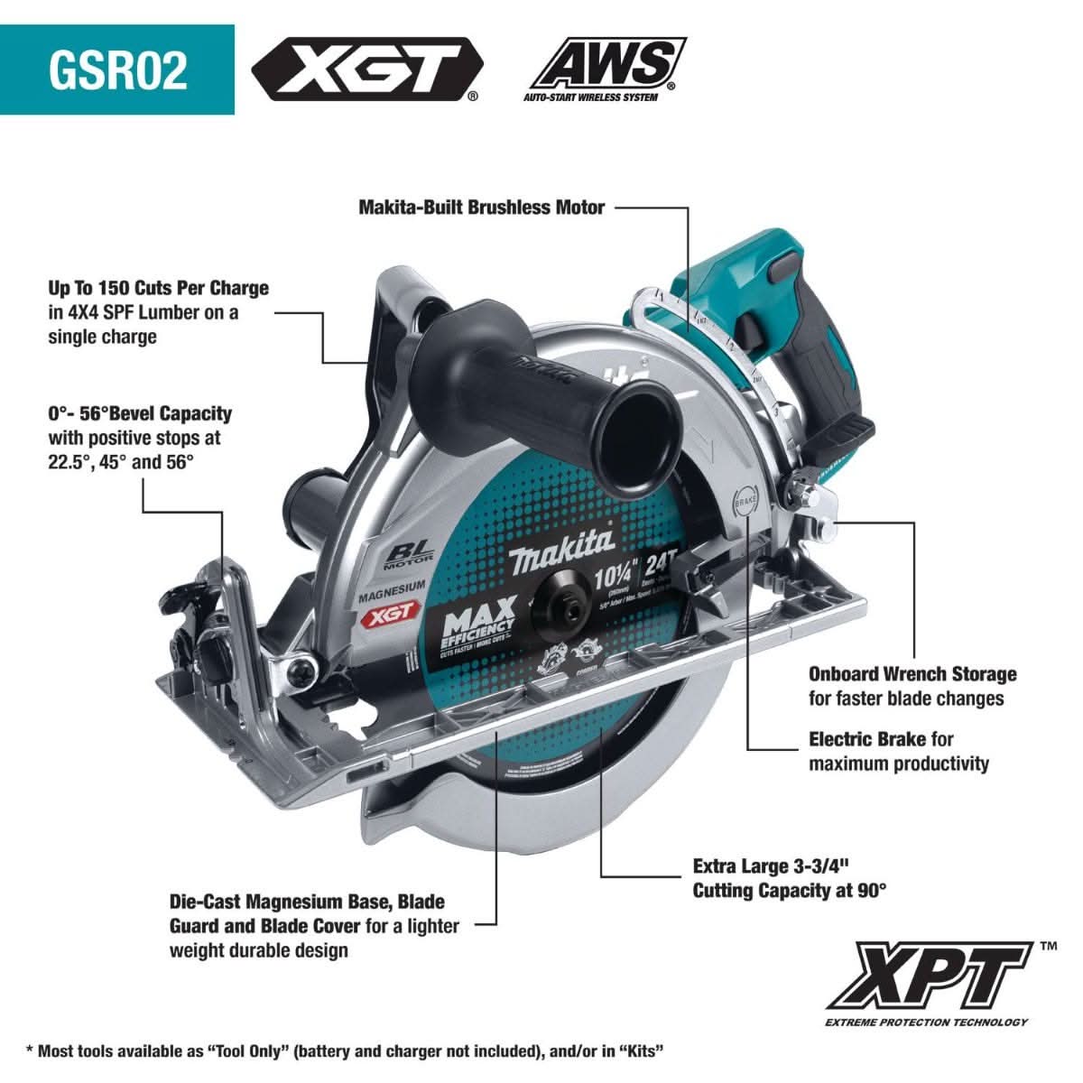 Makita GSR02Z 40V max XGT Brushless Cordless Rear Handle 10-1/4" Circular Saw, AWS Capable, Tool Only - Image 2