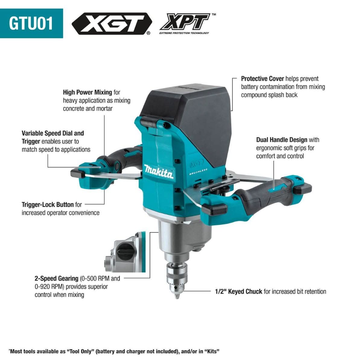 Makita GTU01Z 40V max XGT Brushless Cordless 1/2" Mixer, Tool Only - Image 2