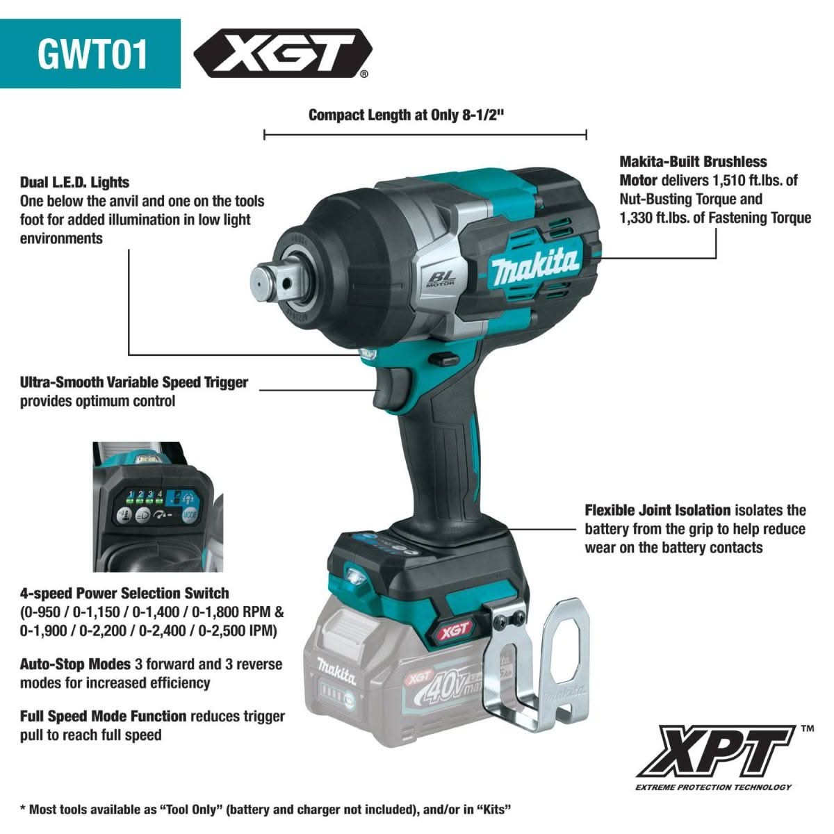 Makita GWT01Z 40V max XGT Brushless Cordless 4-Speed High-Torque 3/4" Sq. Drive Impact Wrench w/ Friction Ring Anvil, Tool Only - Image 2