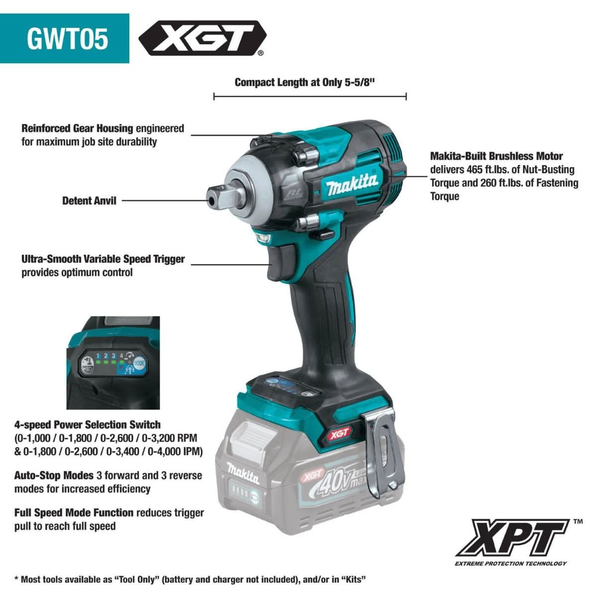 Makita GWT05Z 40V max XGT Brushless Cordless 4-Speed 1/2" Sq. Drive Impact Wrench w/ Detent Anvil, Tool Only - Image 2