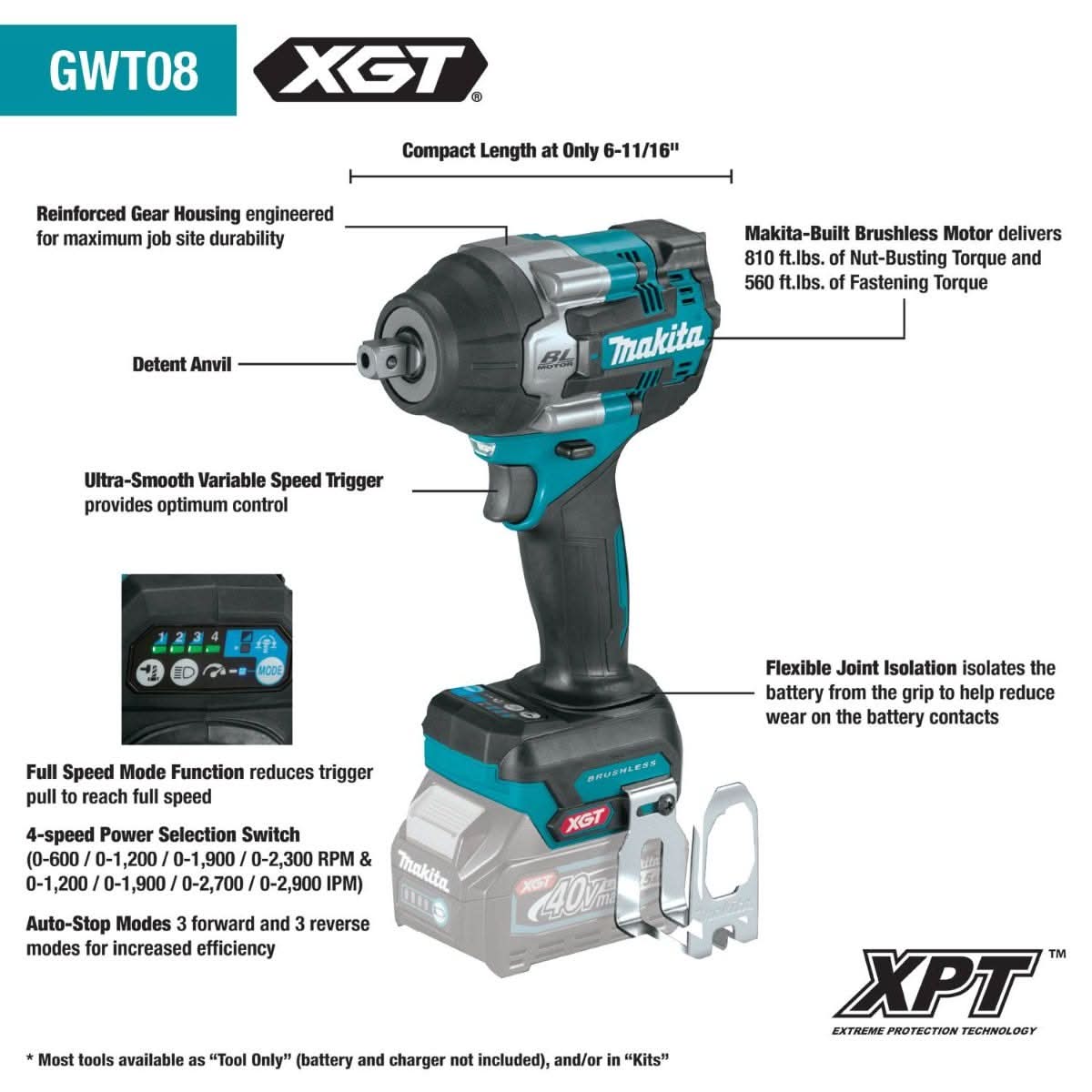 Makita GWT08D 40V max XGT Brushless Cordless 4-Speed Mid-Torque 1/2" Sq. Drive Impact Wrench Kit w/ Detent Anvil (2.5Ah) - Image 3