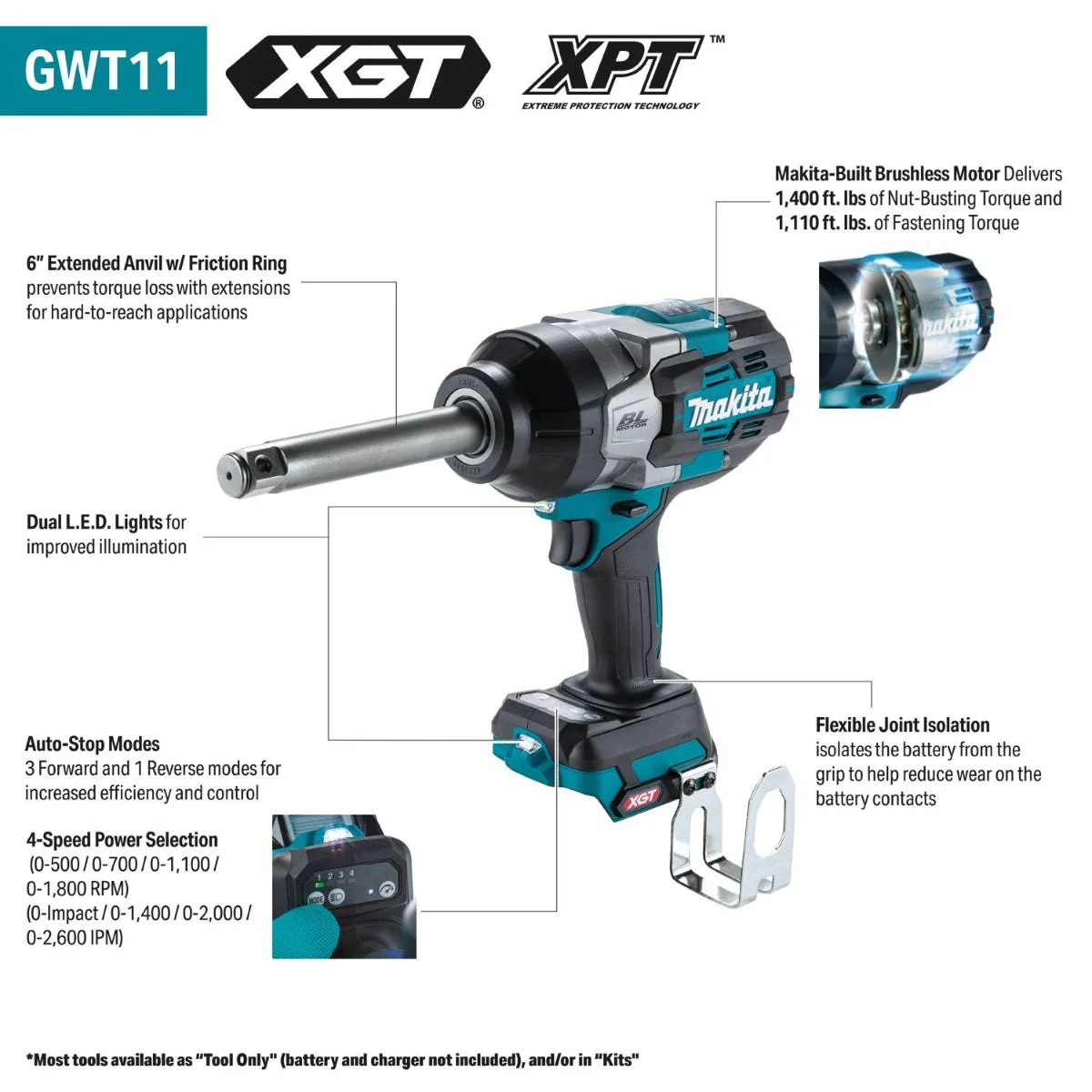 Makita GWT11Z 40V max XGT Brushless Cordless 4-Speed High-Torque 3/4-in. Extended Anvil Friction Ring Impact Wrench, Tool Only - Image 2