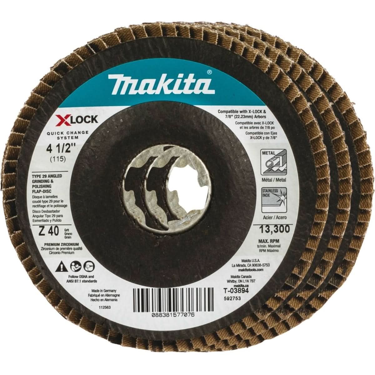 Makita T-03894-3 X-LOCK 4″â€˜1/2″ 40 Grit Type 29 Angled Grinding and Polishing Flap Disc for X-LOCK and All 7/8″ Arbor Grinders, 3/pk