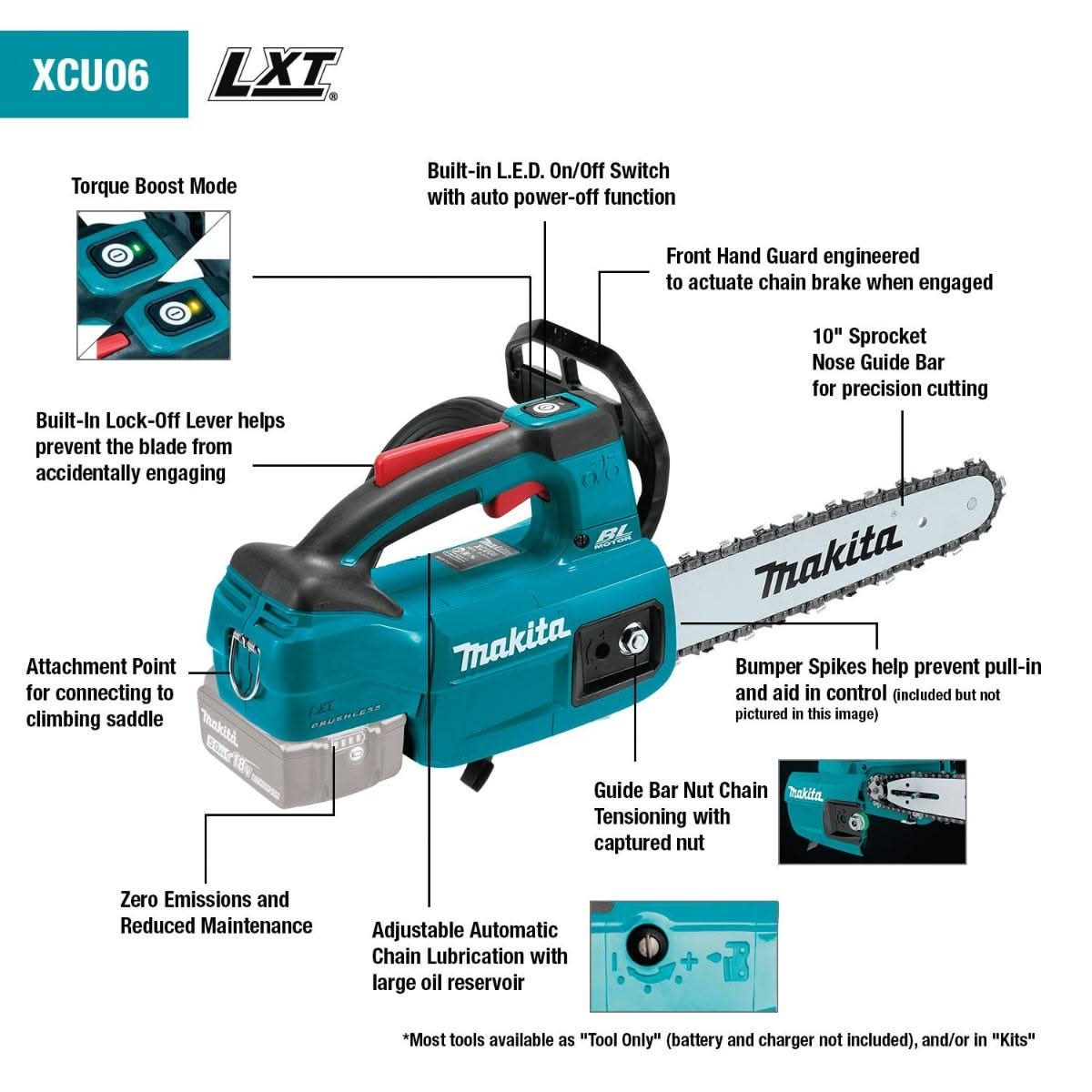 Makita XCU06SM1 18V LXT Lithium-Ion Brushless Cordless 10" Top Handle Chain Saw Kit (4.0Ah) - Image 2