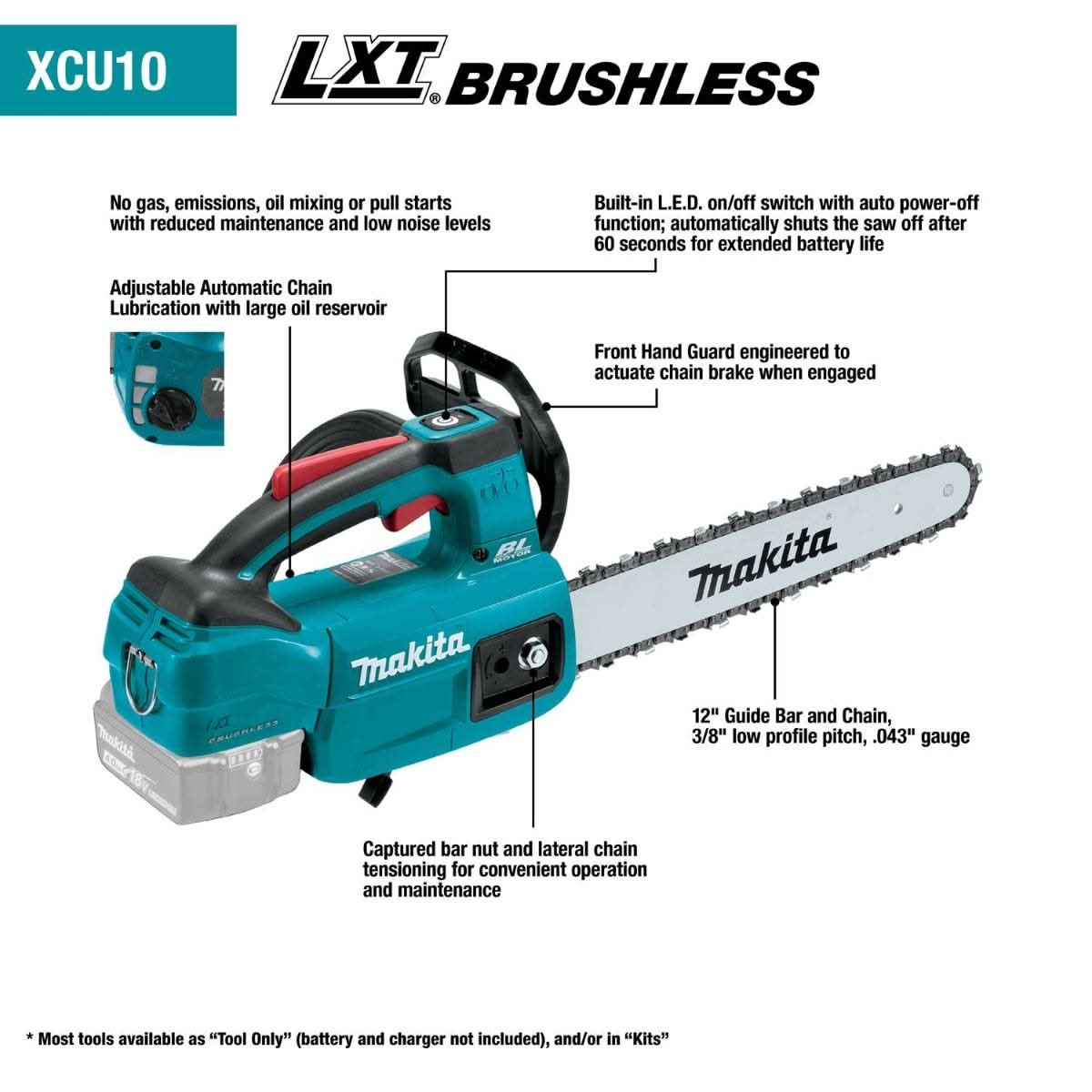 Makita XCU10SM1 18V LXT Lithium-Ion Brushless Cordless 12" Top Handle Chain Saw Kit (4.0 Ah) - Image 2