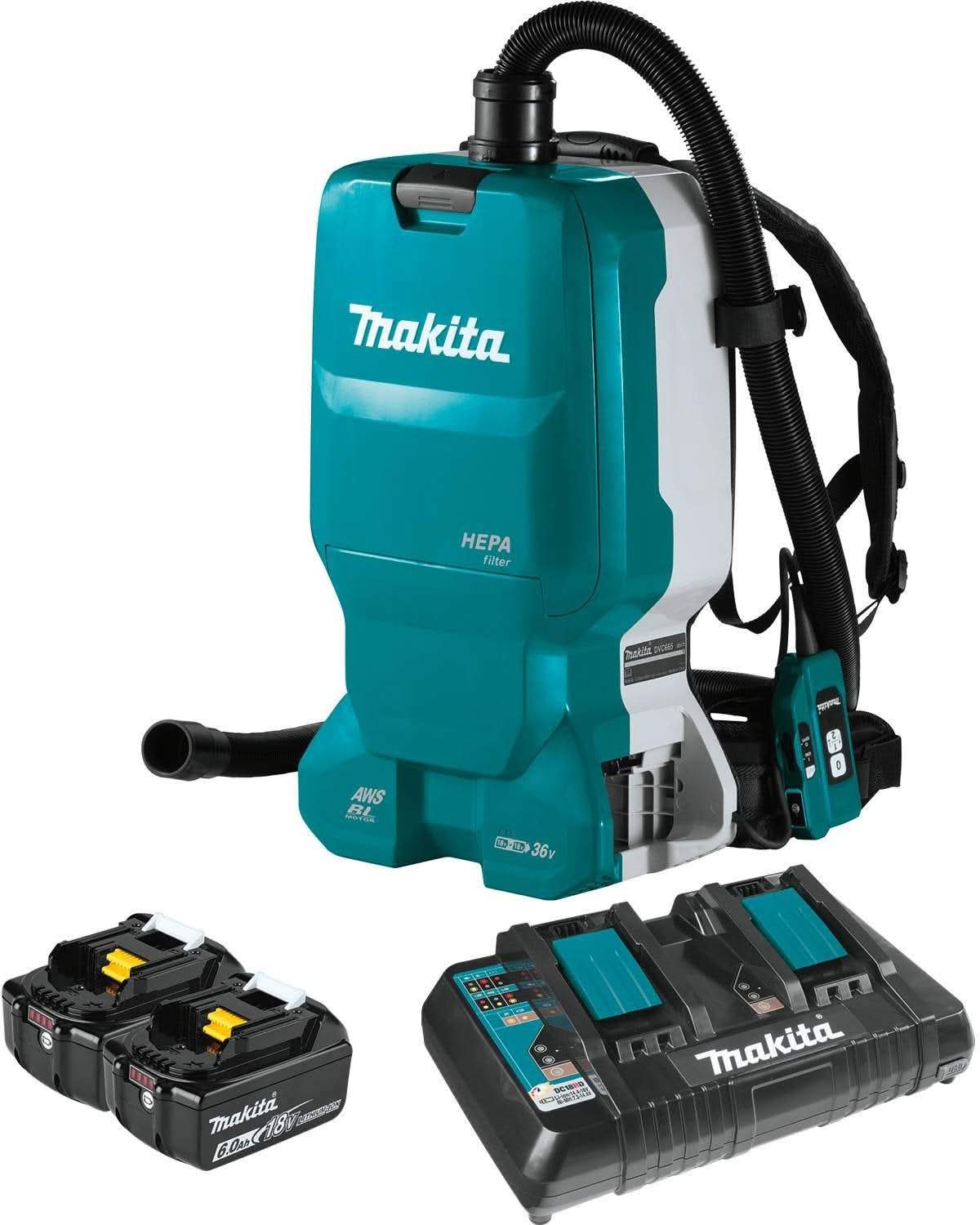 Makita XCV18PTX 36V (18V X2) LXT Brushless 1.6 Gallon HEPA Filter Backpack Dry Dust Extractor Kit, AWS Capable (5.0 Ah) - Image 1