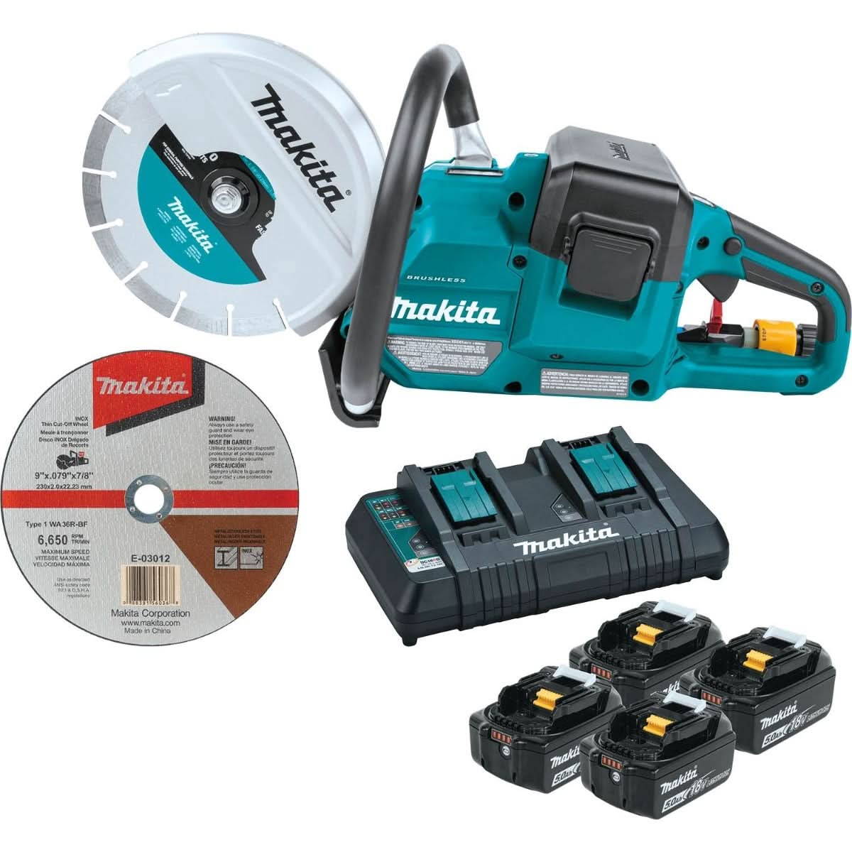 Makita XEC01PT1 36V (18V X2) LXT Brushless 9″ Power Cutter Kit, with AFT, Electric Brake, 4 Batteries (5.0 Ah)