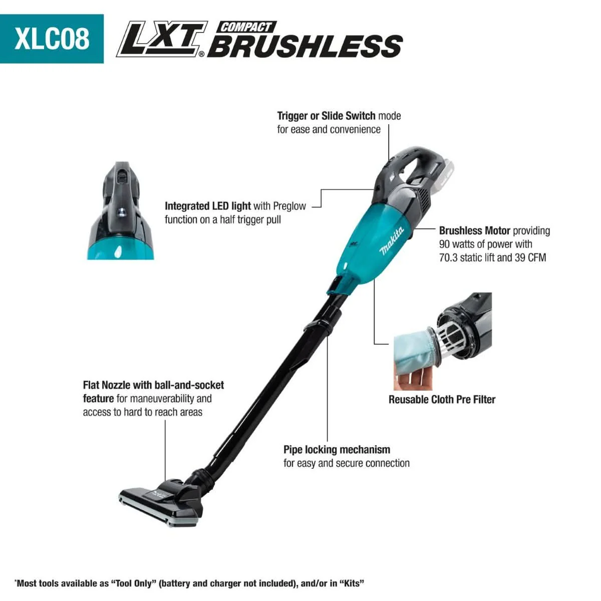Makita XLC08ZB 18V LXT Lithium-ion Compact Brushless Cordless Vacuum, Trigger w/ Lock (Tool Only) - Image 2
