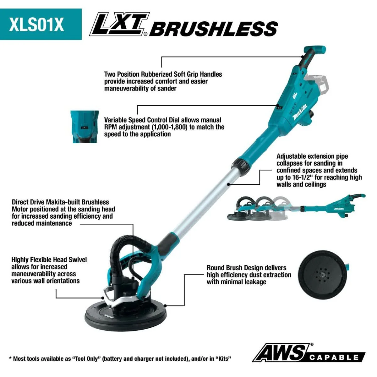 Makita XLS01ZX1 18V LXT Lithium-Ion Brushless Cordless 9" Drywall Sander, AWS Capable, Tool Only - Image 2