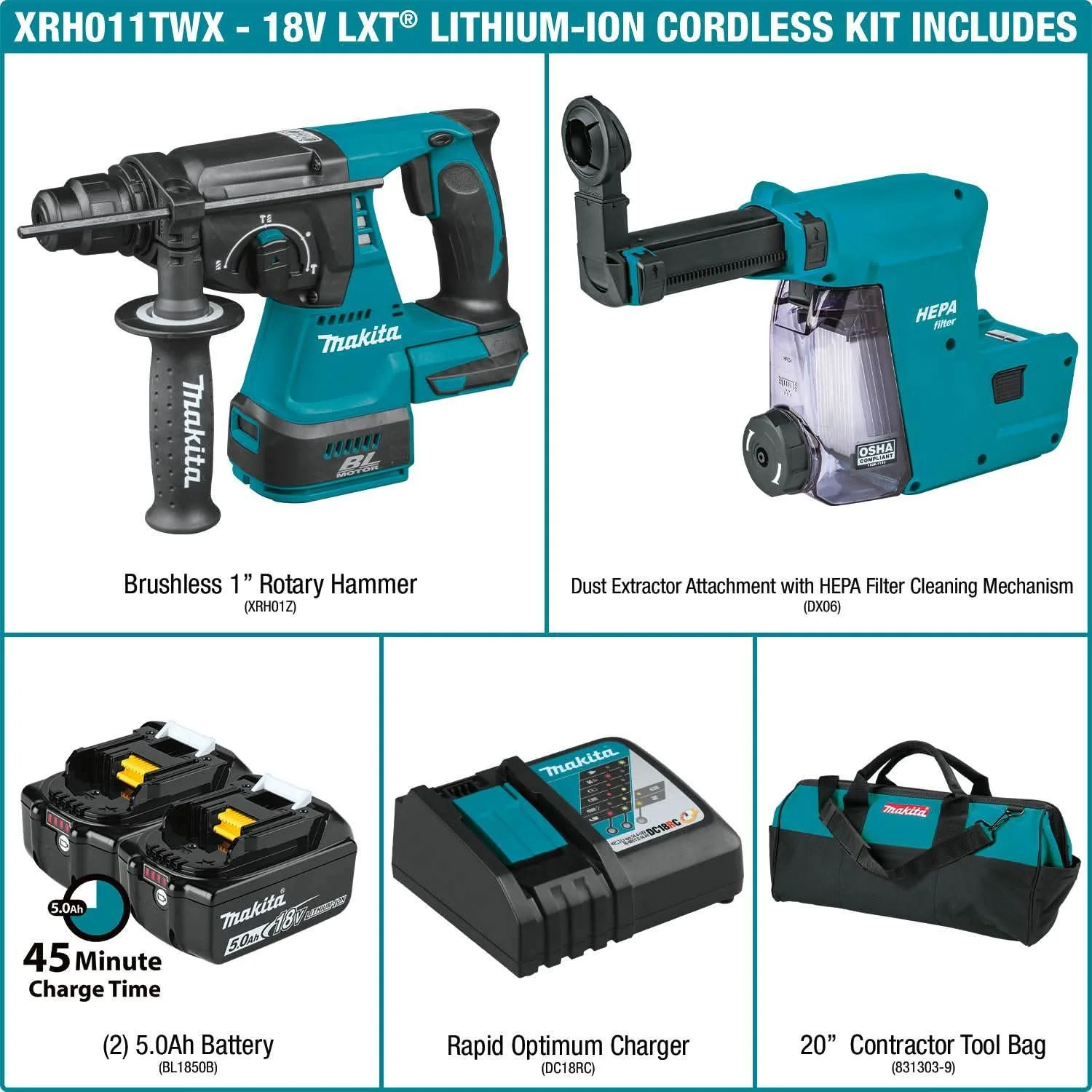 Makita XRH011TWX 18V LXT Lithium-Ion Brushless Cordless 1" SDS-PLUS Rotary Hammer Kit, w/ HEPA Dust Extractor Attachment (5.0Ah) - Image 2