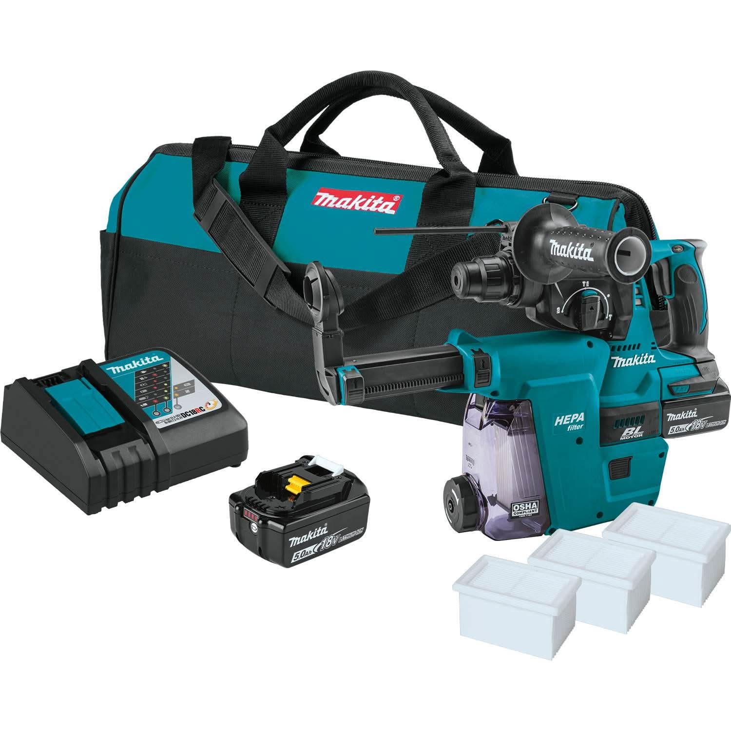 Makita XRH011TWX 18V LXT Lithium-Ion Brushless Cordless 1″ SDS-PLUS Rotary Hammer Kit, w/ HEPA Dust Extractor Attachment (5.0Ah)