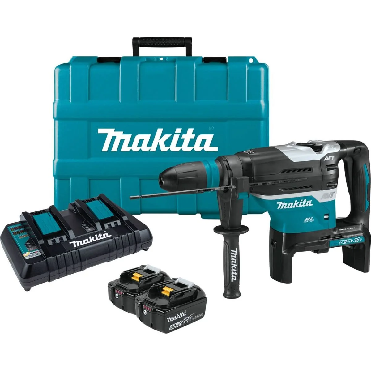 Makita XRH07PTUN 36V (18V X2) LXT Brushless 1-9/16″ SDS-MAX Advanced AVT Rotary Hammer Kit, AFT, AWS (5.0Ah)