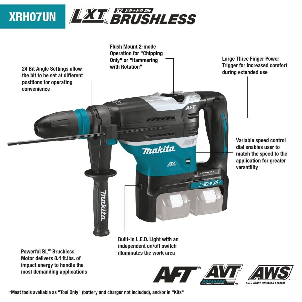 Makita XRH07ZKUN 36V (18V X2) LXT Brushless 1-9/16" SDS-MAX Advanced AVT Rotary Hammer, AFT, AWS, Tool Only - Image 2