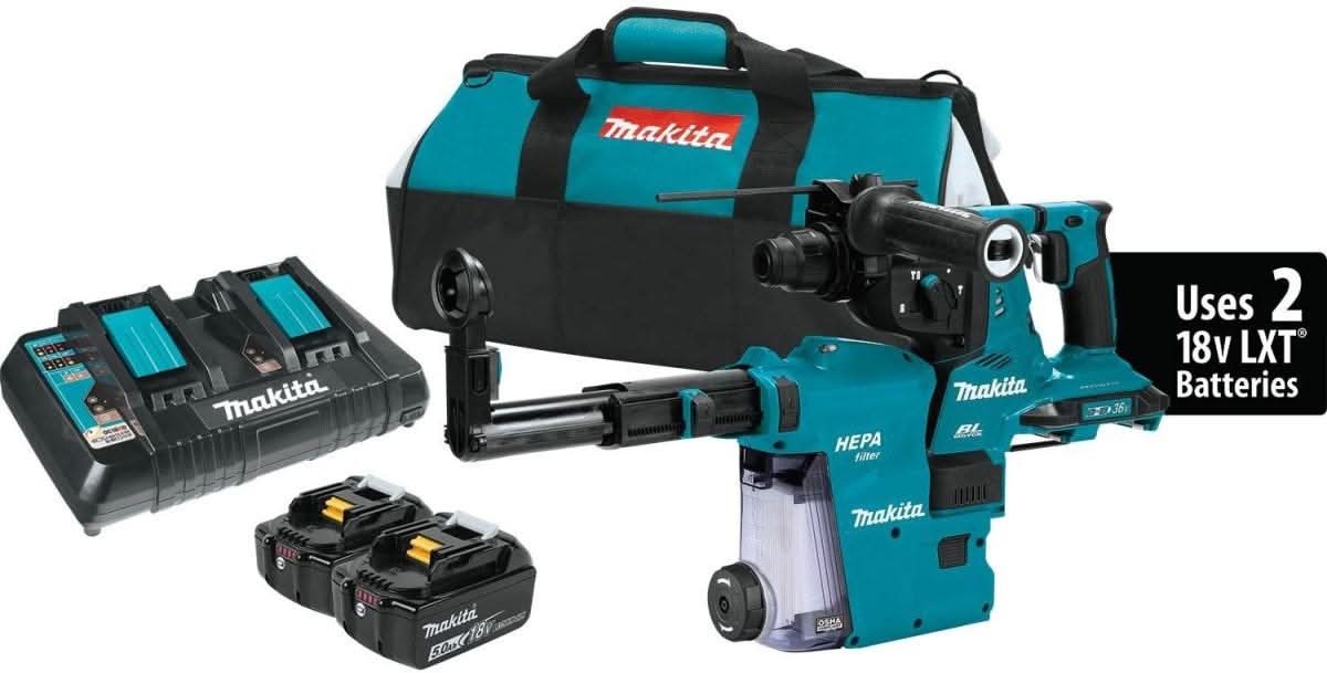 Makita XRH10PTW 36V (18V X2) LXT Brushless 1-1/8″ SDS-PLUS AVT Rotary Hammer Kit, w/ HEPA Dust Extractor, AFT, AWS Capable (5.0Ah)