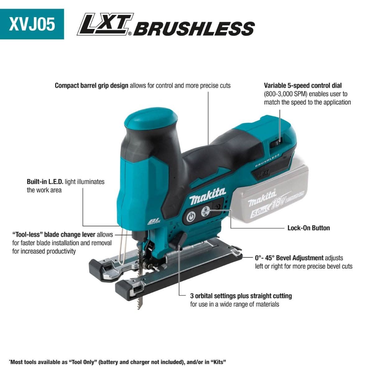 Makita XVJ05Z 18V LXT Lithium-Ion Brushless Cordless Barrel Grip Jig Saw, Tool Only - Image 2