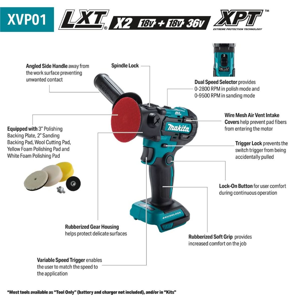 Makita XVP01Z 18V LXT Brushless Cordless 3-in. Polisher / 2-in. Sander, Tool Only - Image 2