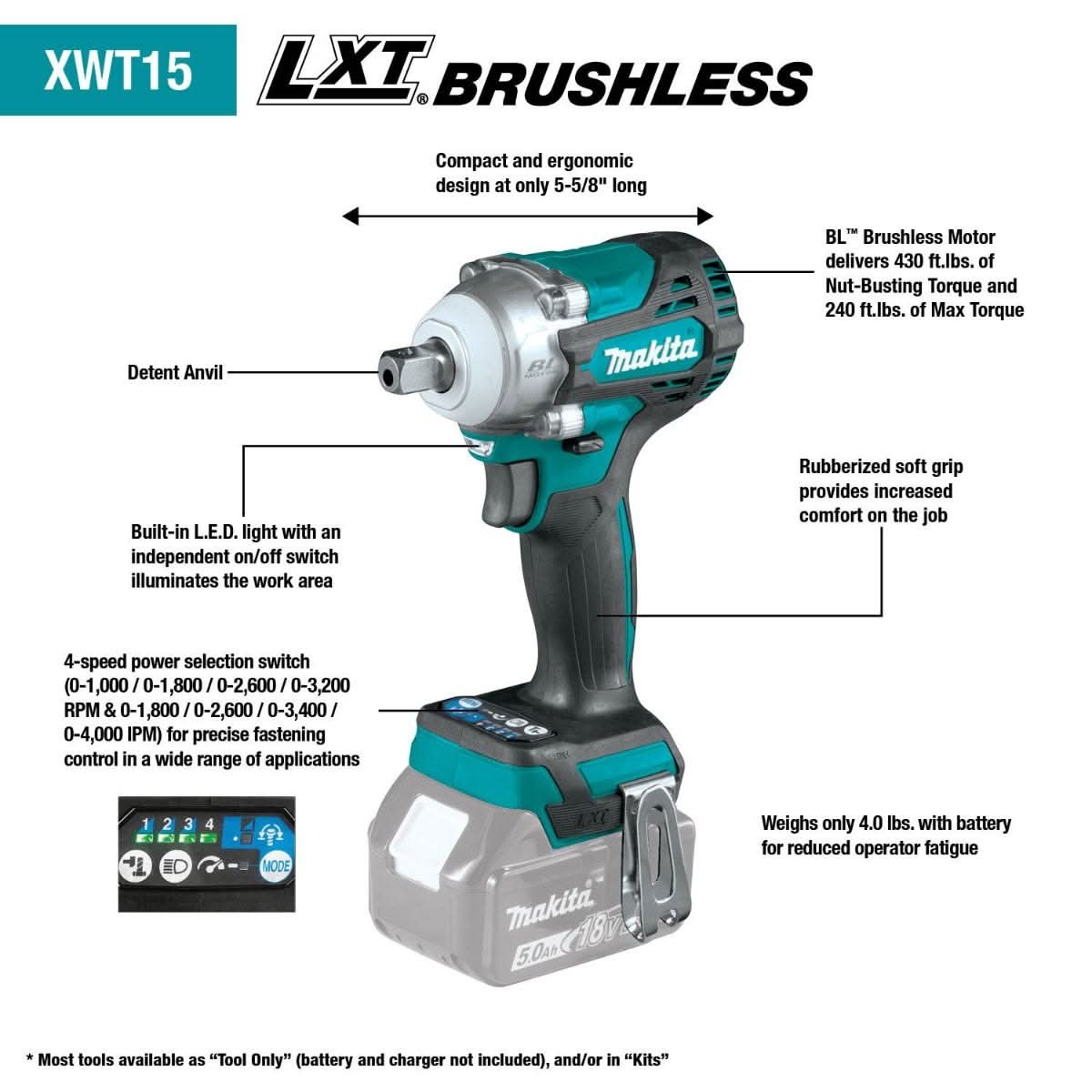 Makita XWT15XVZ 18V LXT Lithium-Ion Brushless Cordless 4-Speed 1/2" Sq. Drive Utility Impact Wrench w/ Detent Anvil, Tool Only - Image 2