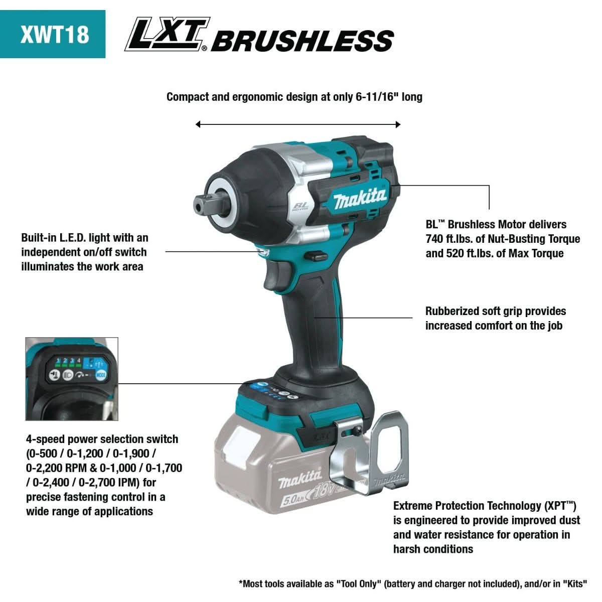 Makita XWT18XVZ 18V LXT Lithium-Ion Brushless Cordless 4-Speed Mid-Torque 1/2" Sq. Drive Utility Impact Wrench w/ Detent Anvil, Tool Only - Image 2