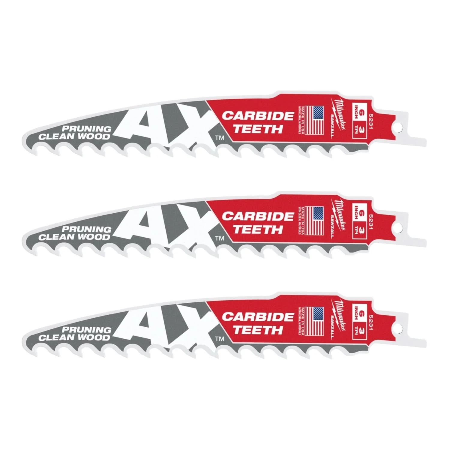 Milwaukee 48-00-5331 6-Inch 3-TPI The AX with Carbide Teeth for Pruning & Clean Wood SAWZALL Reciprocating Saw Blade, 3-Pack