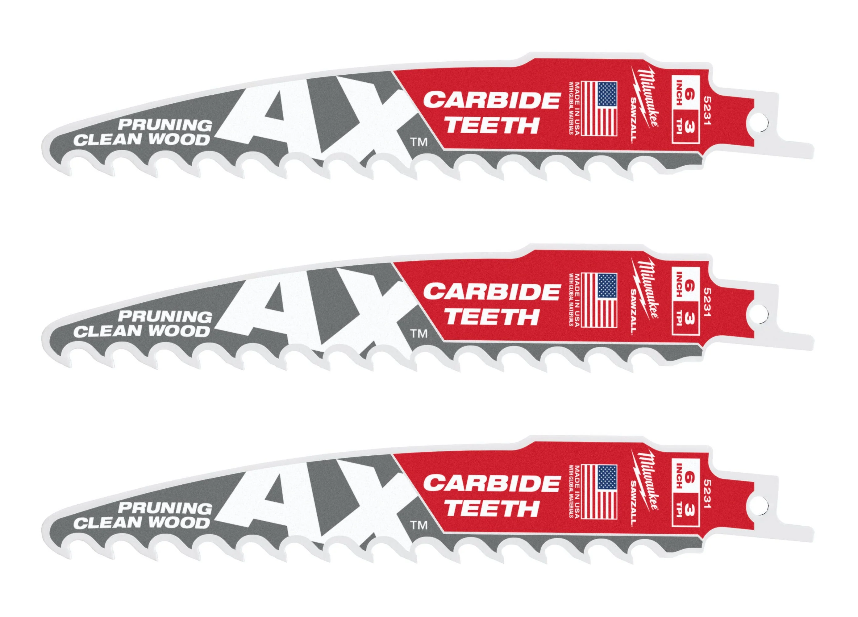 Milwaukee 48-00-5331 6-Inch 3-TPI The AX with Carbide Teeth for Pruning & Clean Wood SAWZALL Reciprocating Saw Blade, 3-Pack (PROMO) - Image 1