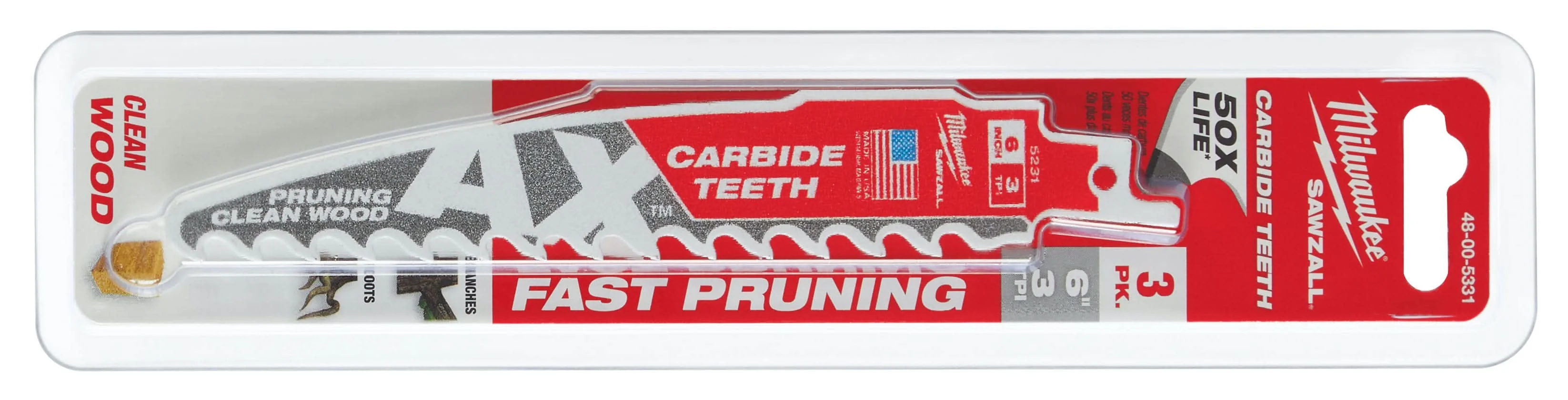 Milwaukee 48-00-5331 6-Inch 3-TPI The AX with Carbide Teeth for Pruning & Clean Wood SAWZALL Reciprocating Saw Blade, 3-Pack - Image 2