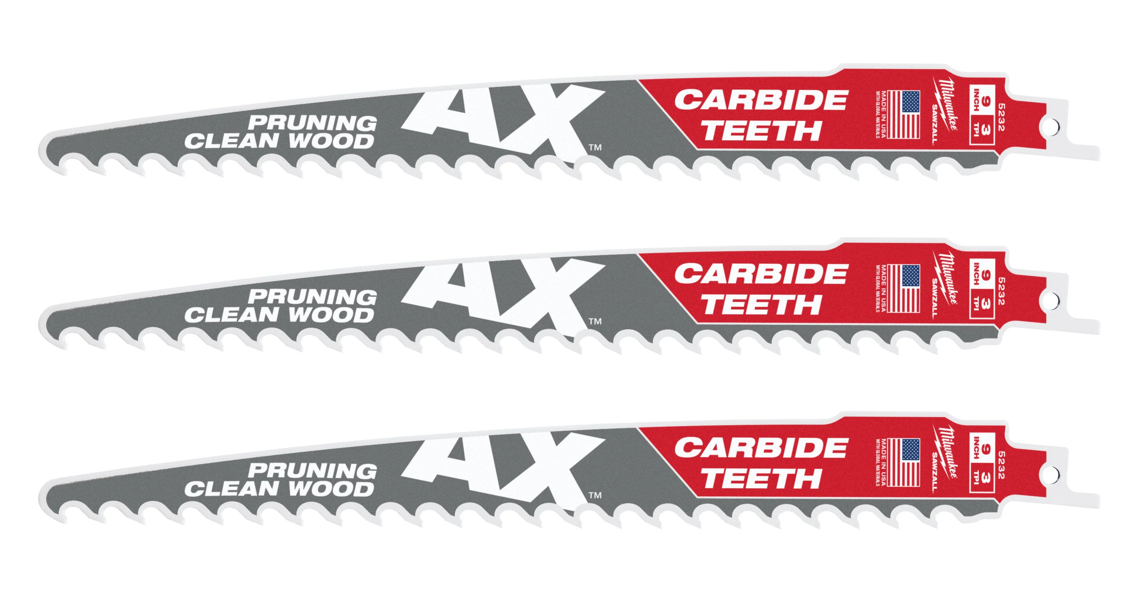 Milwaukee 48-00-5332 9-Inch 3-TPI The AX with Carbide Teeth for Pruning & Clean Wood SAWZALL Reciprocating Saw Blade, 3-Pack (PROMO) - Image 1