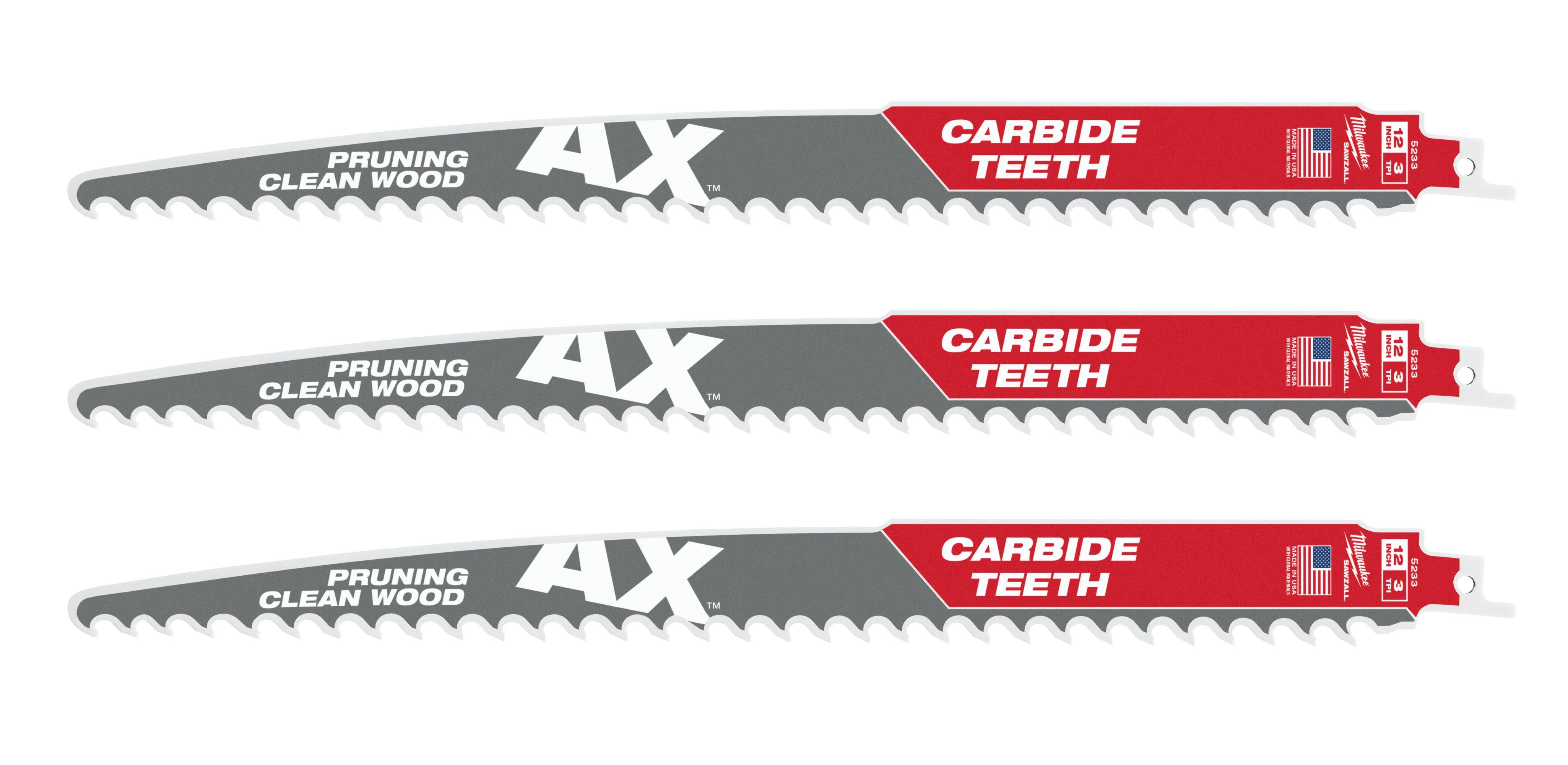 Milwaukee 48-00-5333 12-Inch 3-TPI The AX with Carbide Teeth for Pruning & Clean Wood SAWZALL Reciprocating Saw Blade, 3-Pack (PROMO) - Image 1