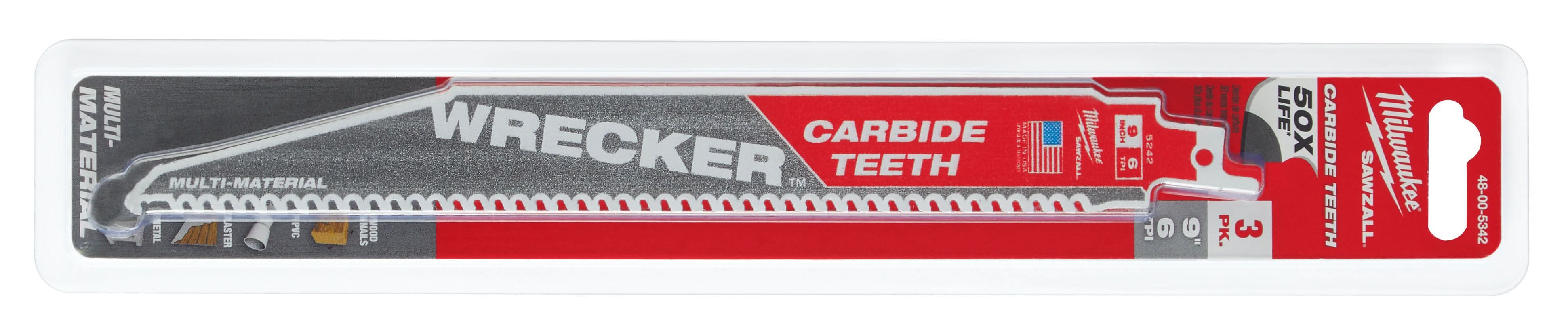 Milwaukee 48-00-5342 9-Inch 6-TPI THE WRECKER with Carbide Teeth SAWZALL Reciprocating Saw Blade, 3-Pack - Image 2