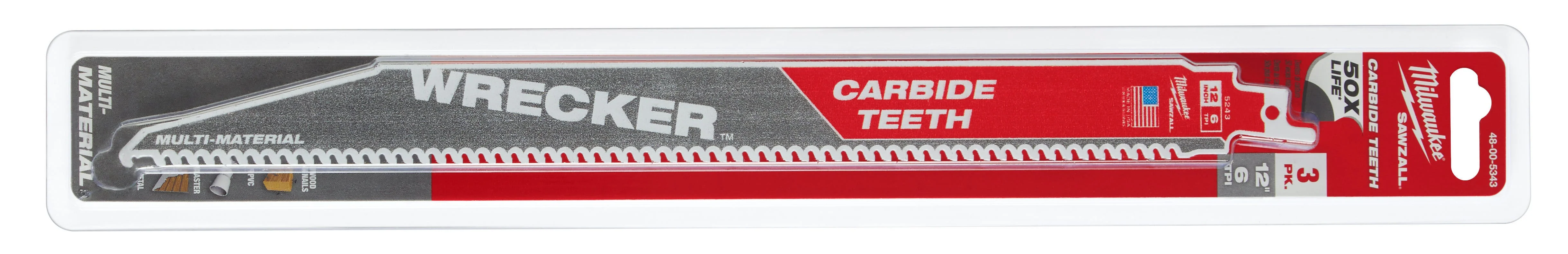 Milwaukee 48-00-5343 12-Inch 6-TPI THE WRECKER with Carbide Teeth SAWZALL Reciprocating Saw Blade, 3-Pack (PROMO) - Image 2